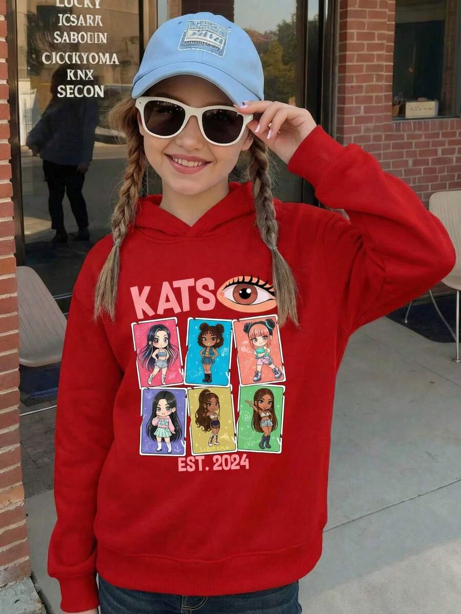 Niña sudadera casual diseño gráfico anime tejido suave ajuste regular otoño invierno uso diario hoodie - Rojo - Ver 1