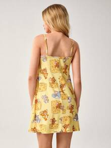 TOM & JERRY X SHEIN Women's Cute Cartoon Cheese Print Ruched Knot Front Camisole Nightgown, Summer