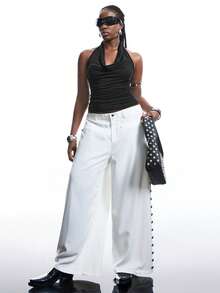 SHEIN EZwear Blusas informales de talla grande de unicolor con cuello halter y ajuste sencillo - Negro - Ver 4