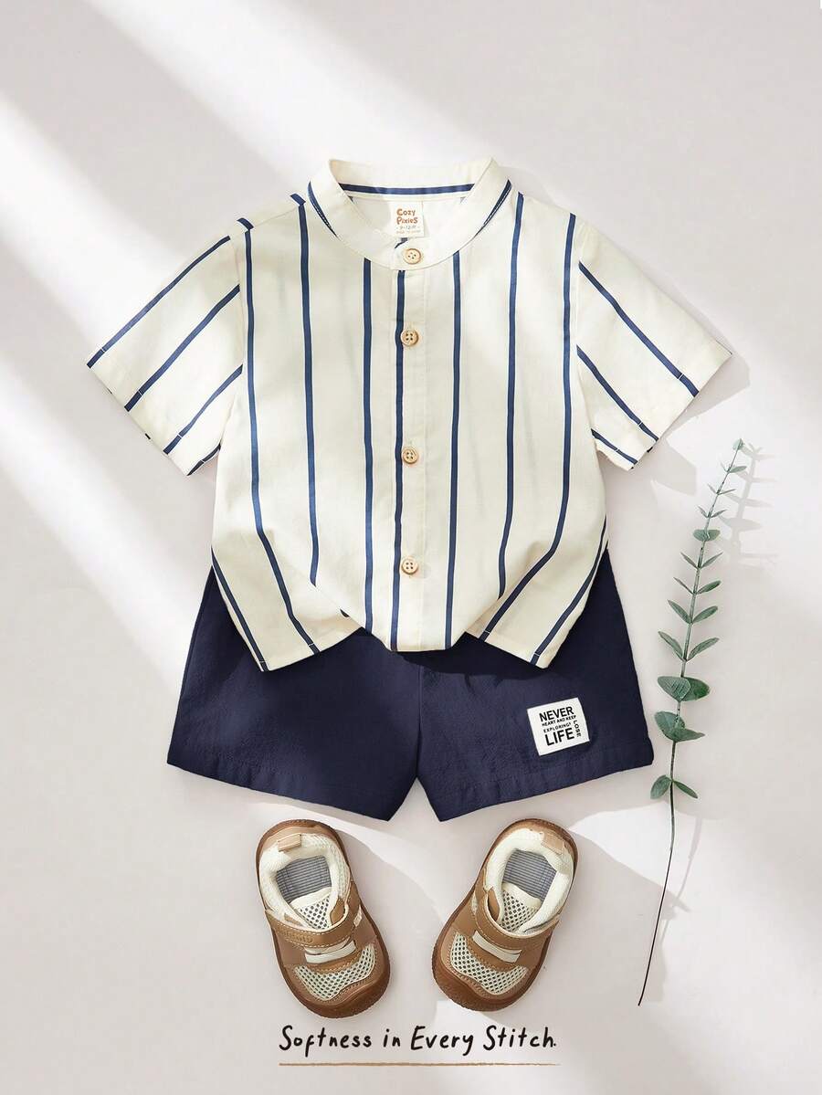Cozy Pixies 2件套男婴彩色条纹翻领短袖开衫和松紧腰短裤套装 - 彩色 - 查看 1