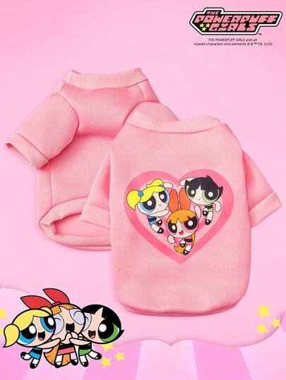 THE POWERPUFF GIRLS X PETSIN 1件装，3个小女孩踢足球，爱心印花宠物无帽，粉色秋冬加厚保暖宠物衣服