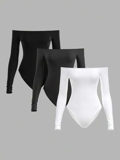 SHEIN BASICS 3 piezas Mono de punto de unicolor casual con hombros descubiertos para mujer