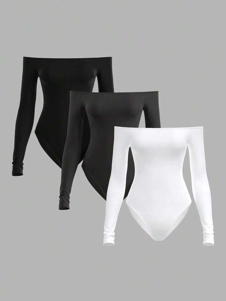 SHEIN BASICS 3件套休闲纯色针织露肩连体衣（女款） - 灰色 - 查看 1