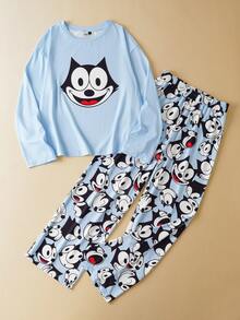 SHEIN Felix The Cat Conjunto de Pijama Feminino com Estampa de Gato Cartoon, Manga Longa e Calça Confortável, Outono - Azul - Visão 1