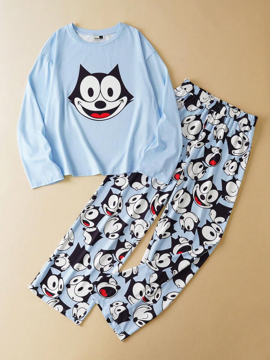 SHEIN Felix The Cat Conjunto de Pijama Feminino com Estampa de Gato Cartoon, Manga Longa e Calça Confortável, Outono - Azul - Visão 1