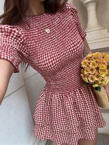Sunnyshic 女士红色格子荷叶领短款连衣裙，松紧腰A字裙摆，浪漫海滩度假风，春夏款 - 紅色 - 查看 4
