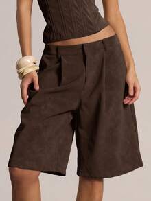 MUSERA 低腰褶裥长款麂皮百慕大短裤，冬季休闲外出性感日常夜生活可爱派对夏季款 - 巧克力棕 - 查看 5