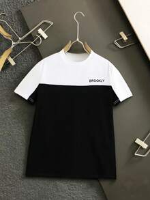 SHEIN Teen Boys' Contrast Color Round Neck Short Sleeve T-Shirt, Casual, Comfortable, Fashionable, Versatile, Soft Fabric, Suitable For Daily Wear, School, Outings, Outdoor Sports, Spring/Summer, Holidays, Beach Vacation Teen T Shirt Teen Boy Clothes T Shirt Streetwear Teen Shirts - Black and White - View 6