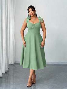 Elenzga Vestido de tirantes acampanado con drapeado elegante y romántico para mujer talla grande, color rojo, para primavera/otoño, Navidad