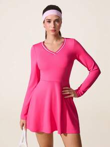 SHEIN Sovereign Charm 女士V领撞色滚边长袖收腰运动连衣裙 - 玫紅色 - 查看 4