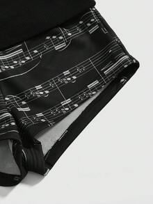 ROMWE J-Fashion Y2K复古音符印花拼接低腰女式短裤，秋冬款 - 黑色 - 查看 4