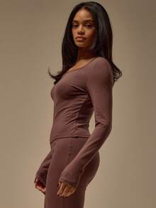 MUSERA ESSENTIALS Top din bumbac cu guler scund, mânecă lungă, croit, coordonat, doar top confortabil, drăguț, de zi cu zi, esențial pentru relaxare, primăvară-vară - Maro ciocolata - Vizualizare 3