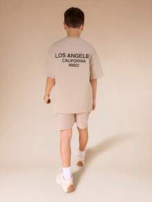 SUMWON Boys Los Angeles California Graphic Print T-Shirt And Shorts Co-Ord Set Summer Casual Crew Neck Short Sleeve Outfit - Khaki - View 1