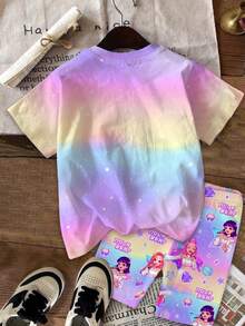 SHEIN 2件套少女休闲时尚彩色K-POP女团字母星星印花圆领短袖T恤和短裤套装，适合度假、派对、日常穿着、演唱会等场合。 - 彩色 - 查看 4