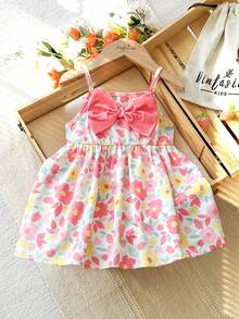 Vintaside Kids Babygirl Baby GirlSummer Sleeveless Casual Cute Bow Digital Print Dress, Suitable For Vacation, Beach, Or Camping - Pink - View 3