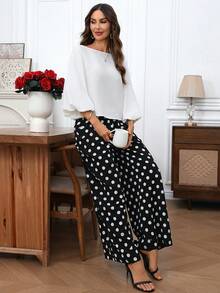 EMERY ROSE 女士纯色上衣和波点印花长裤两件套 - 彩色 - 查看 8