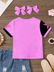 SHEIN Back To School Cartoon Young Girl Colorful Purple & Black Contrast Color Casual Minimalist Round Neck Short Sleeve T-Shirt, Suitable For Summer, Outdoor Picnic, Street Style, Home, Campus - Multicolor - View 3