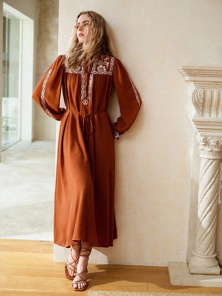 FLORAL EMBROIDERY LANTERN SLEEVE BELTED DRESS