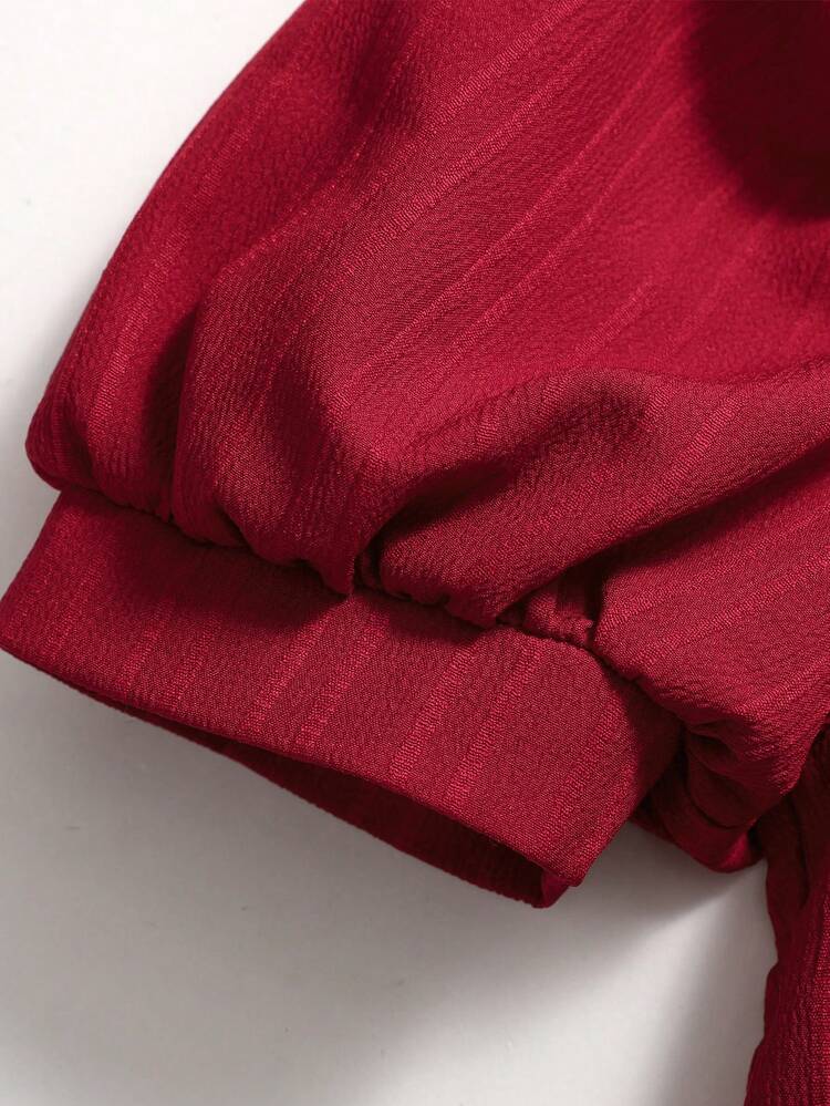 SHEIN فستان بياقة مربعة وأكمام منتفخة ذو نسيج جاكار عصري مناسب للفتيات المراهقات، اللون الأحمر الكرزي، للربيع/الصيف - الأحمر - مشاهدة 6