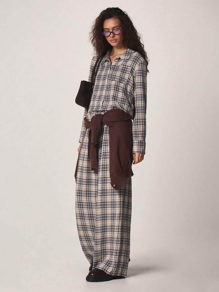 MISSGUIDED Cropped Checked Button Front Blouse With Long Sleeves And Collared Neckline For Fall Winter Casual Office Smart Wear