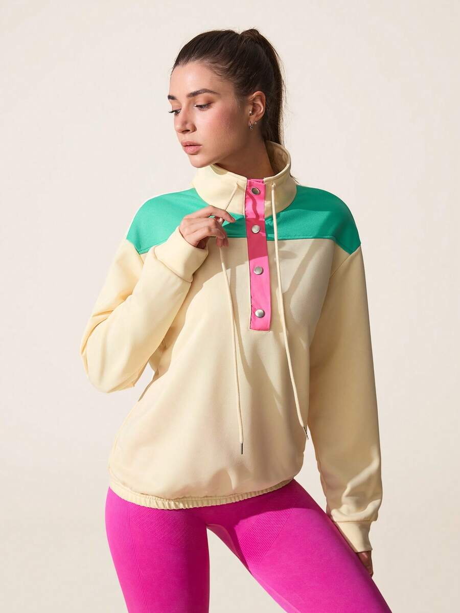 SHEIN Sovereign Charm 女士休闲撞色立领运动卫衣，秋季款 - 彩色 - 查看 1