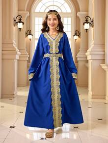 Đầm dài tay cổ chữ V thanh lịch dành cho bé gái tuổi teen, trang trí họa tiết thêu. - Xanh đậm - Xem 8