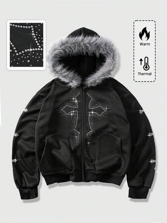 Goth Sudadera con capucha, cremallera y mangas largas con decoración de strass y cuello de piel sintética para hombre