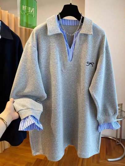 Franclia Plus Size Women Bow Tie Print Patchwork Striped Casual Long Sleeve Sweatshirt