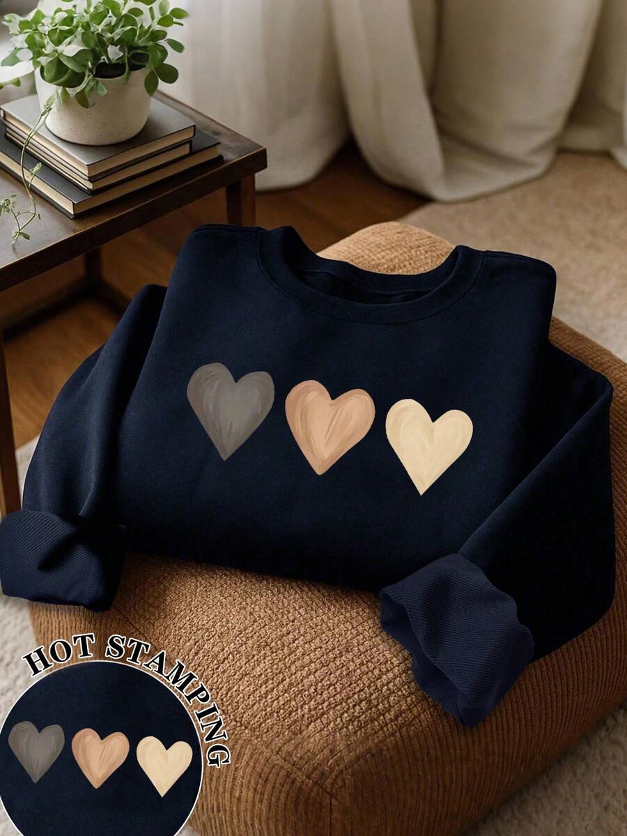 EMERY ROSE 女士渐变爱心印花休闲长袖卫衣，百搭畅销秋冬服饰 - 藏蓝色 - 查看 1