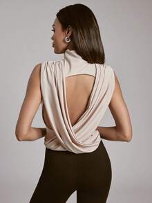 Hauture Women's Open Back With Ruched Sash Sexy Elegant High Neck Sleeveless Top - Apricot - View 5