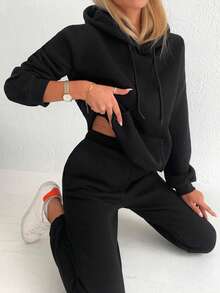 EURMUSE Cotton Solid Drawstring Hoodie & Sweatpants - Black - View 4