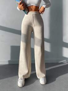 EURMUSE Solid Rib Knit Wide Leg Trousers - Apricot - View 6