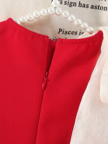 SHEIN Elegant & Cute Red Organza Patchwork Bow Decor Baby Girl Dress - Red - View 7