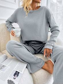 EURMUSE 100%Cotton Rib-Knit Drop Shoulder Tee & Pants - Light Grey - View 5