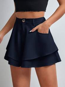 SHEIN Essnce Pantalones cortos de pierna ancha de unicolor y de doble capa, de estilo casual de verano - Azul Marino - Ver 4