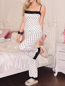 SweetSlumber Women's Sweet Ins Color Block Valentine's Day Heart Print & Color Block Lace Patchwork Comfortable Knit Pajama Set - Black and White - View 2