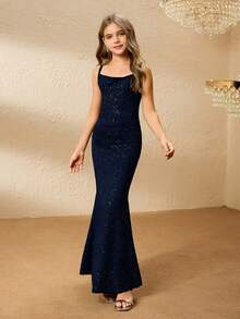少女优雅奢华时尚露肩无袖高腰长款金属箔黑色连衣裙，闪亮派对礼服，适合少女毕业典礼、舞会、圣诞节、演出、生日等场合。 - 藏蓝色 - 查看 1