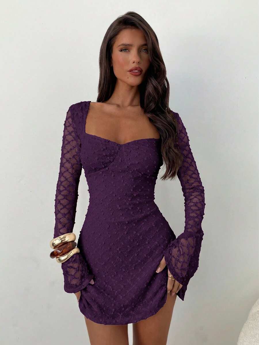 Aloruh Women's Elegant Square Neck Ruched Flare Sleeve Fitted A-Line Mini Dress Purple Cocktail Dress Purple Dress Women Elegant Violet Dress - Purple - View 1