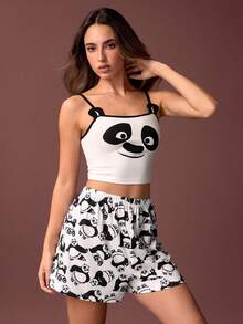 Kung Fu Panda X SHEIN Bộ đồ ngủ nữ in hình gấu trúc, áo croptop không tay và quần short, thích hợp cho mùa hè. - Đen và trắng - Xem 1