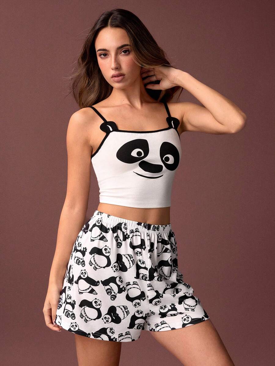Kung Fu Panda X SHEIN Bộ đồ ngủ nữ in hình gấu trúc, áo croptop không tay và quần short, thích hợp cho mùa hè. - Đen và trắng - Xem 1