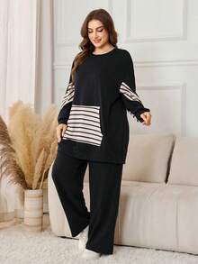 Lacomfia 2pcs/Set Plus Size Casual Striped Patchwork Crew Neck Loose Sweatshirt And Solid Elastic Waist Wide Leg Pants, Spring/Autumn Fall - Black - View 4