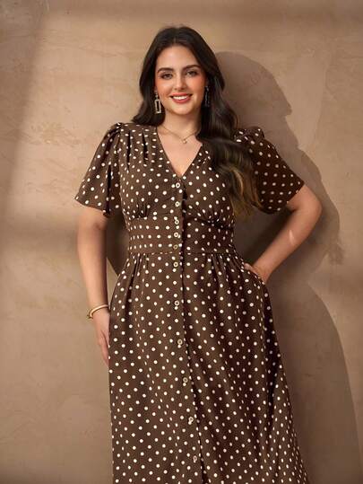 Chikora Plus Size Women Elegant V-Neck Casual Office Dress Summer Dresses For Women Summer Outfits For Women Summer Clothes Summer Vacation Outfits Summer Outfits For Woman Summer Clothes Women Office Attire For Women Work Outfits For Women Work Tops For Women Brown Dress Brown Skirt Brown Dresses For Women Polka Dot Dress Elegant Dresses For Women Elegant Dress For Women Elegant Dresses For Party Elegant Dress Women High-Quality Dress Brown Polka Dot Dress Button Dress Tea Dress Polkadot Dress
