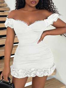 Alexandranx White & Summer & Sweet Date & Everyday Date & Goddess Day & Wedding Dress & Beach Vacation & Girly Fitted Ruffle Hem Cupped Lace Sleeve Flouncy Dress Organza Textured Hem Women's Short Mini Dress,White Graduation Dress - White - View 6