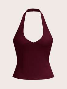 SHEIN BASICS 女士休闲纯色针织露背上衣 - 酒紅色 - 查看 6