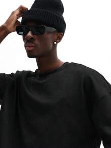 SUMWON 常规款男士压纹十字细节短袖圆领T恤 休闲街头哥特风纯色 - 黑色 - 查看 3