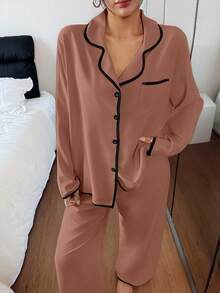 Dream Adore Women's Contrast Trim Lapel Loose Long Sleeve Pajama Set