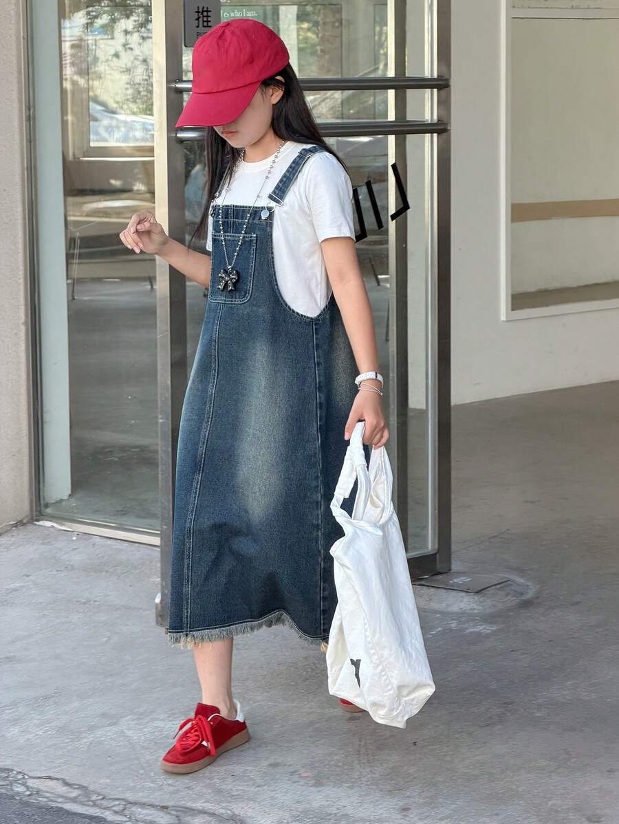 DAZY 少女牛仔背带裙 - 藍色 - 查看 1