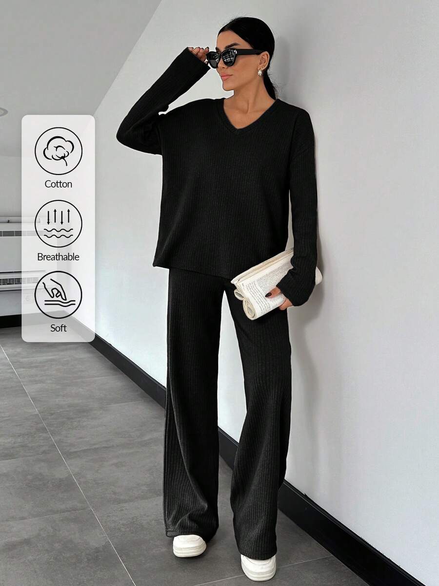 SHEIN Tall 高个女款纯色休闲V领时尚柔软上衣搭配阔腿裤，适合日常穿着。 - 黑色 - 查看 1
