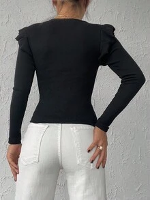 SHEIN Tall 高个子尺码 95% 棉 纯黑色 罗纹针织 荷叶边 休闲长袖T恤 - 黑色 - 查看 2