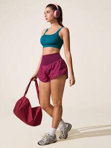 SHEIN Sports 女士简约纯色罗纹无缝镂空后背运动文胸 - 墨綠色 - 查看 6
